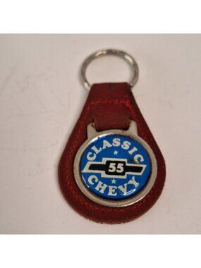 1955 CHEVROLET RED LEATHER KEY FOB VINTAGE-STYLE BLUE CHROME BOWTIE LOGO